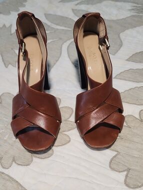 Talbots Brown Cross-Strap High Block Heel Sandals